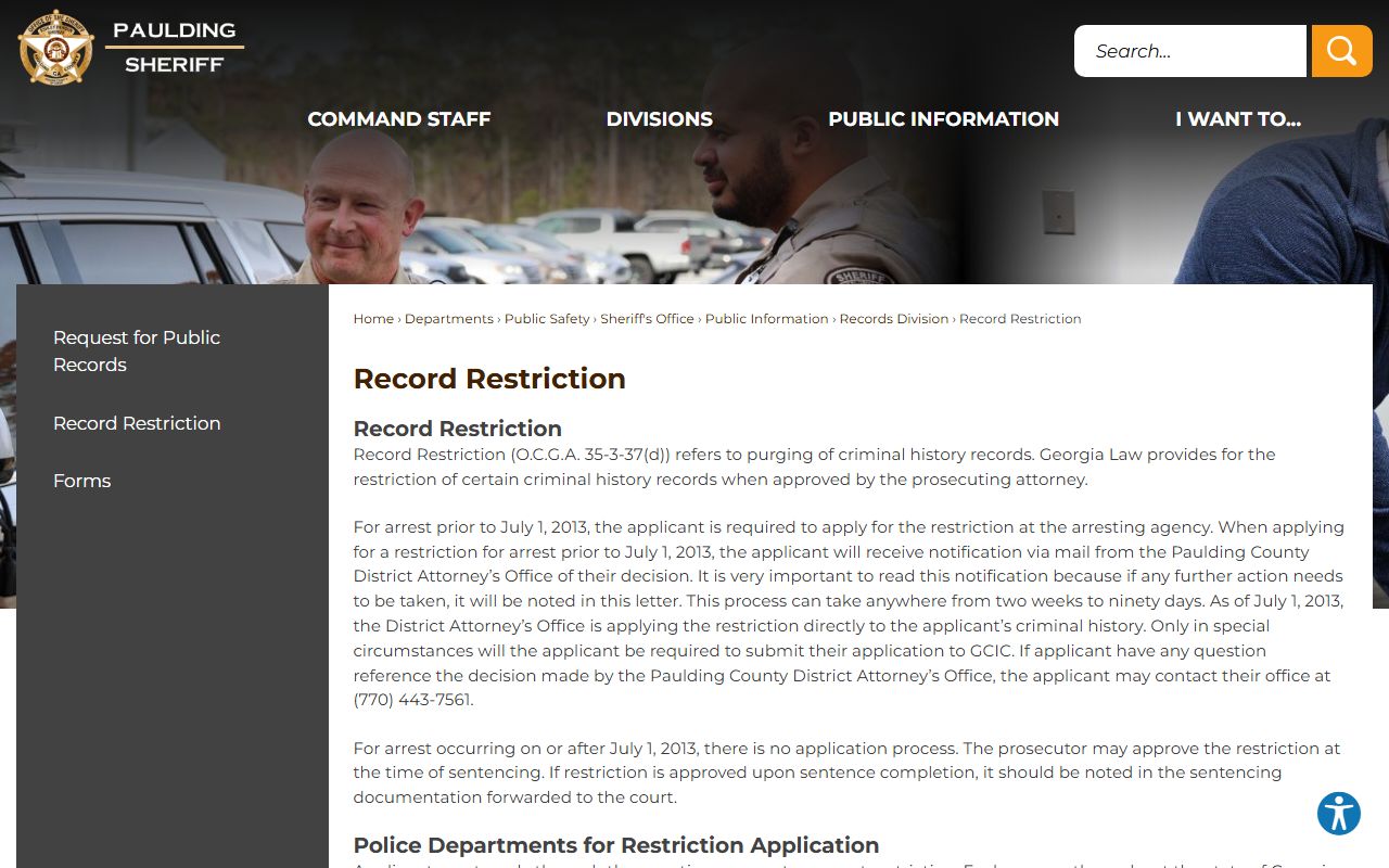 Paulding County record restriction information for criminal history