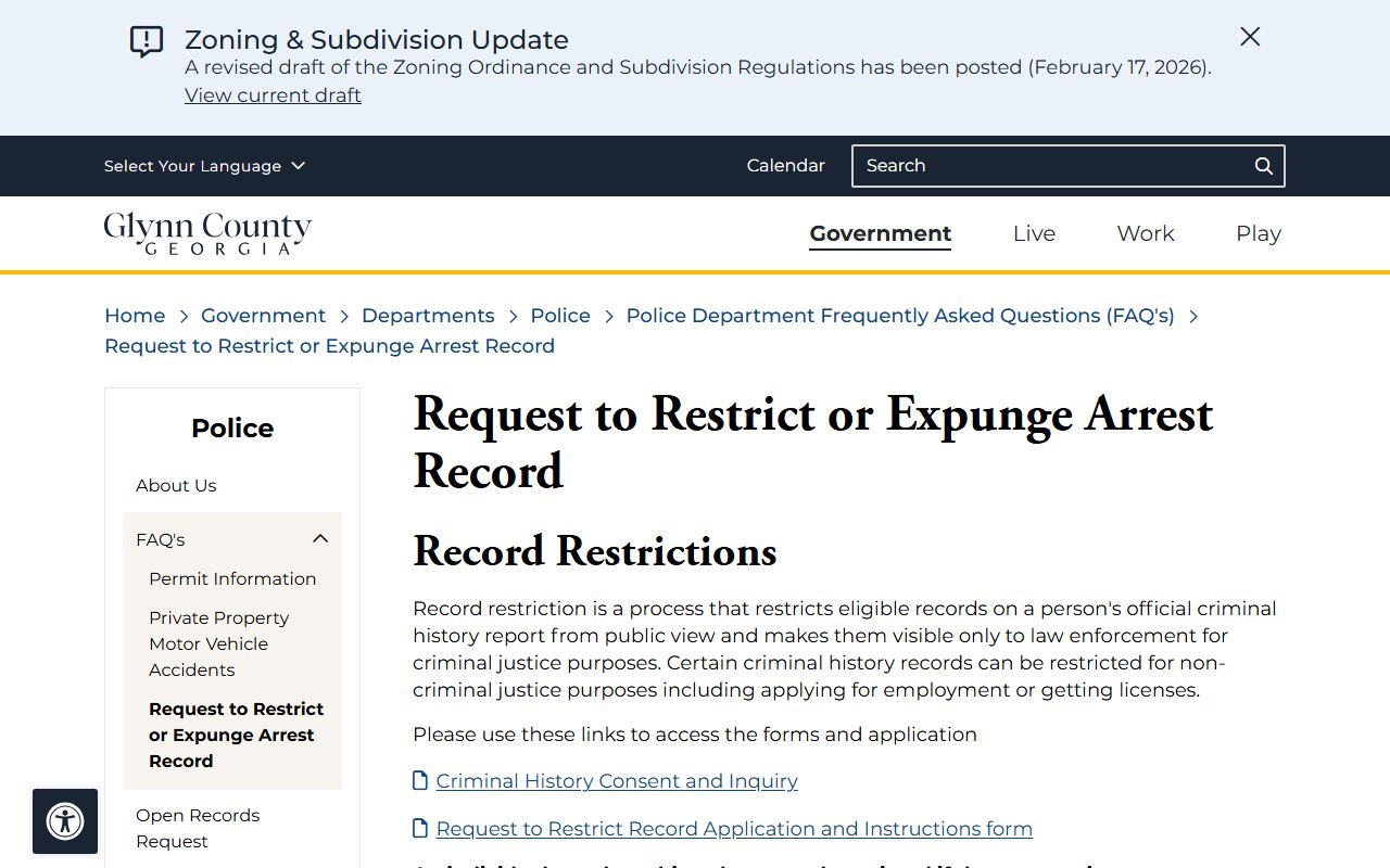 Glynn County record restrictions page for criminal history