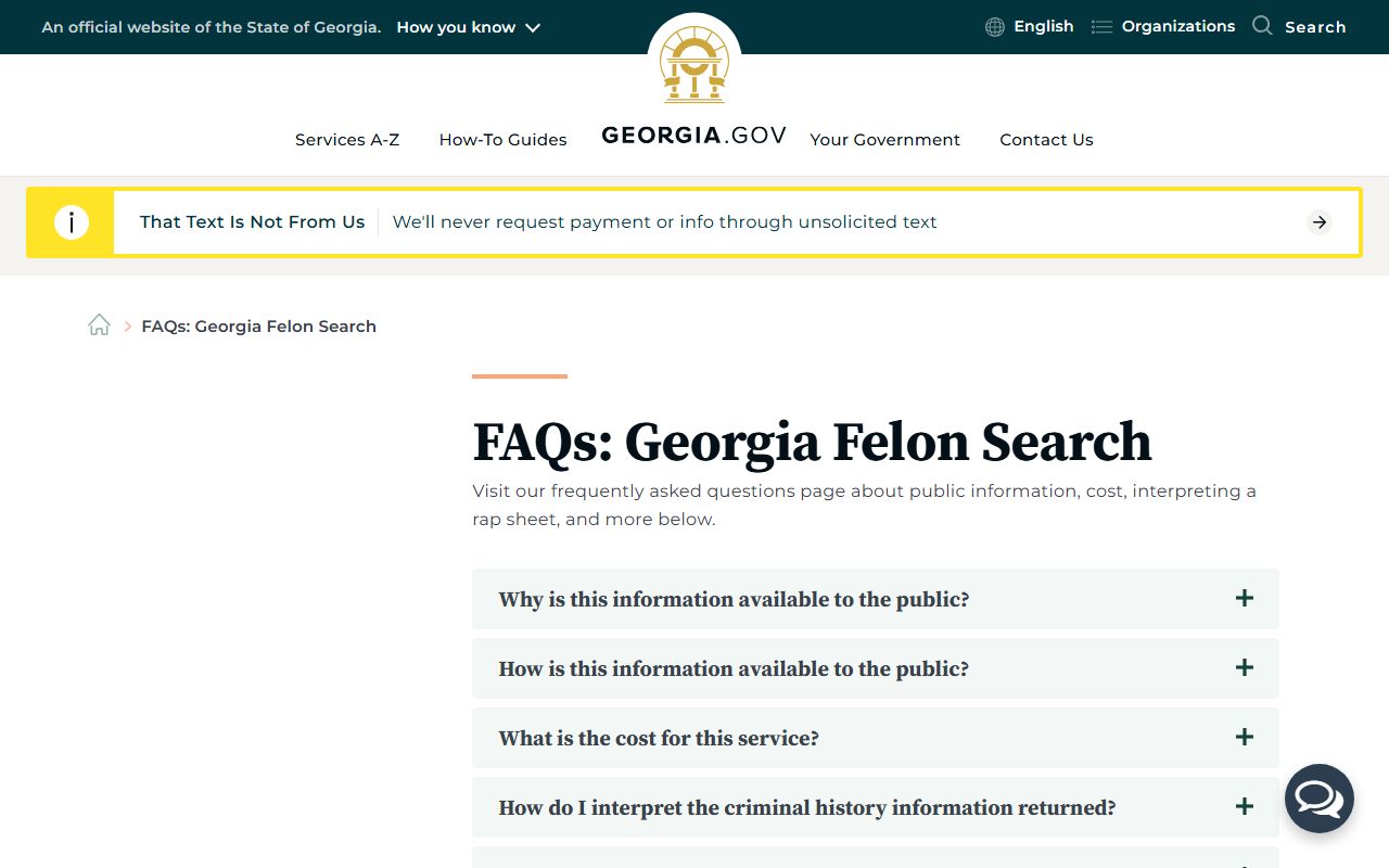 Georgia GBI FAQ page for Richmond County criminal history searches
