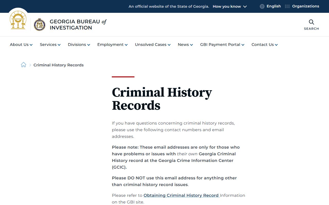 Georgia GBI contact page for criminal history information