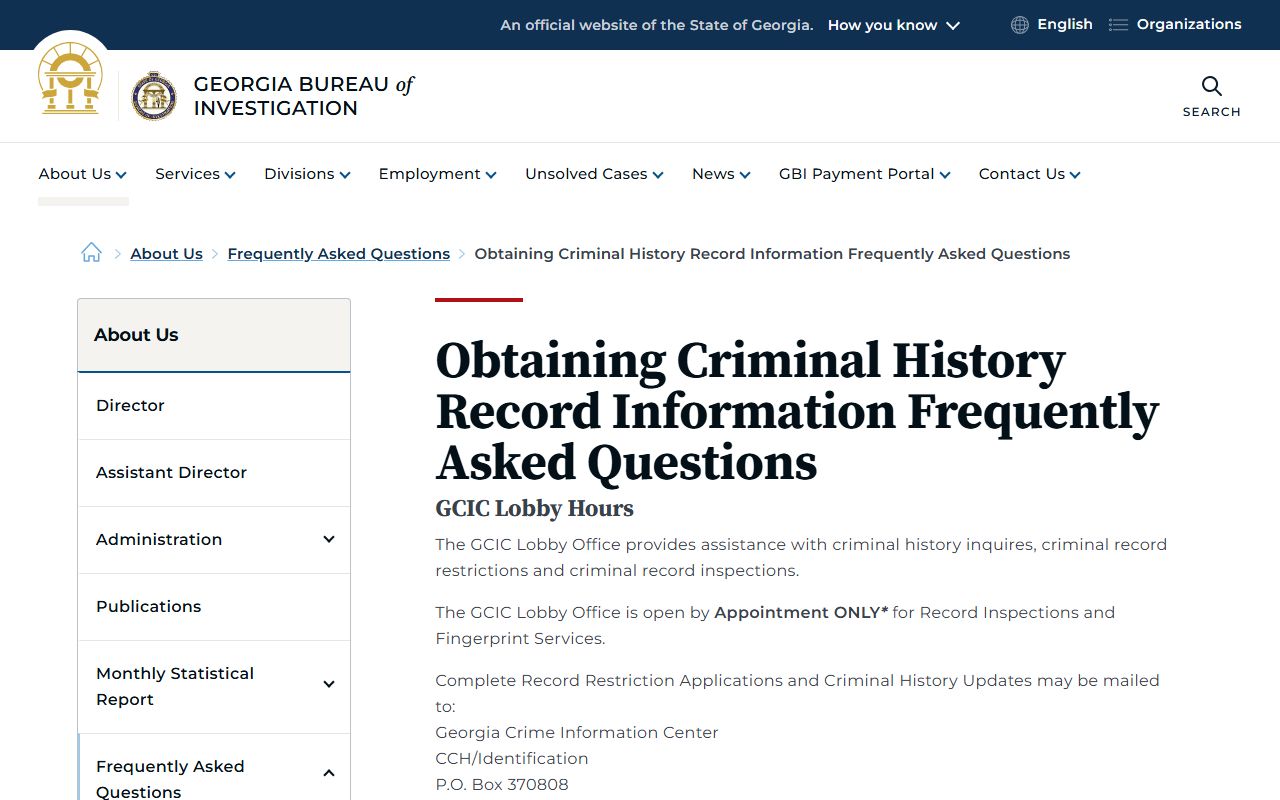 Georgia GBI criminal history FAQ page