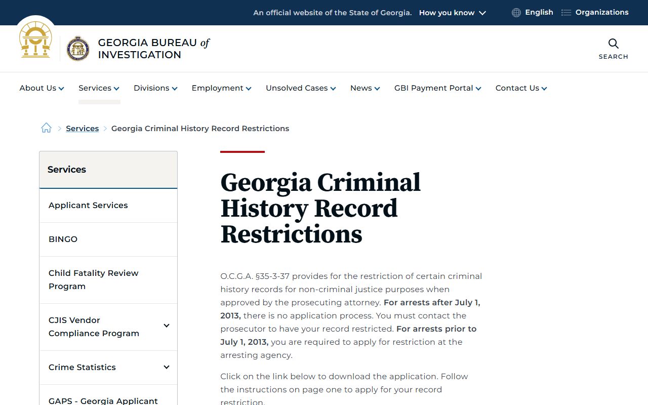 Georgia GBI criminal history record restrictions service page